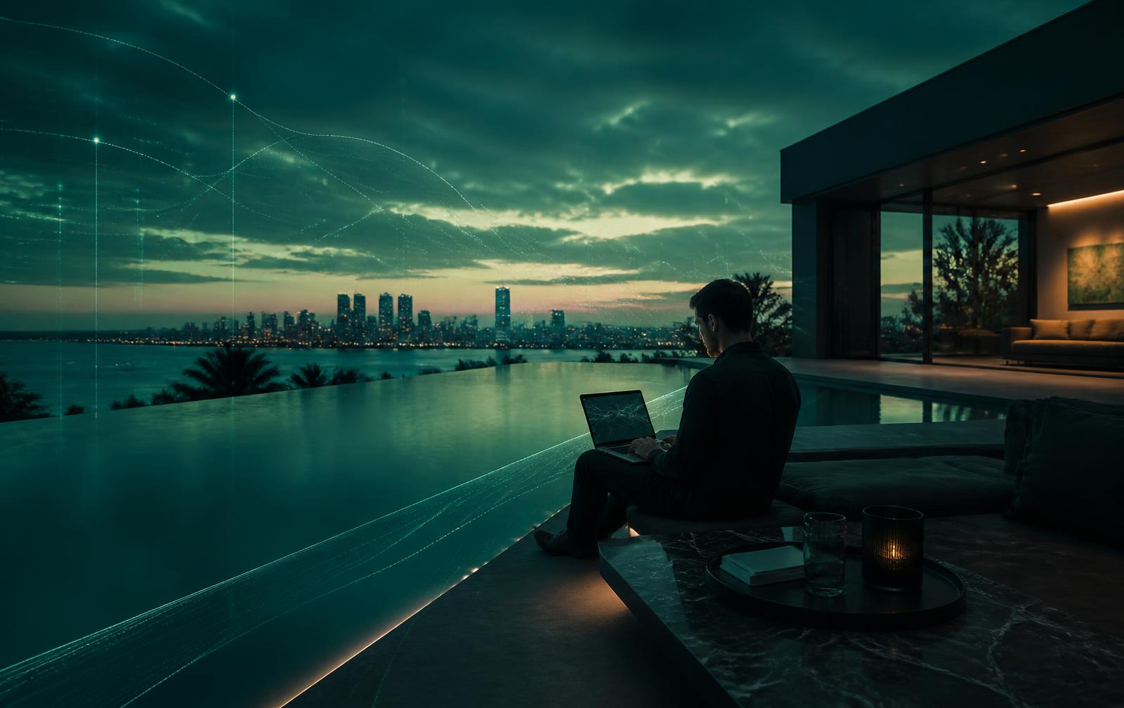 Remote arbeitender Sales Professional mit Laptop über einem Infinity-Pool mit Skyline im Hintergrund